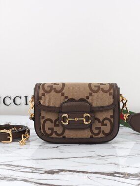 Gucci Monogram Jumbo GG Textured Dollar Web Mini Horsebit 1955 Shoulder Bag
